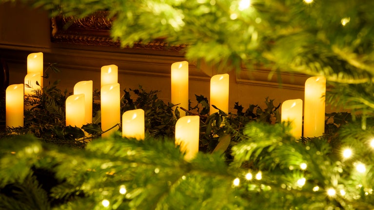 A line of white LED candles between branches of a christmas tree